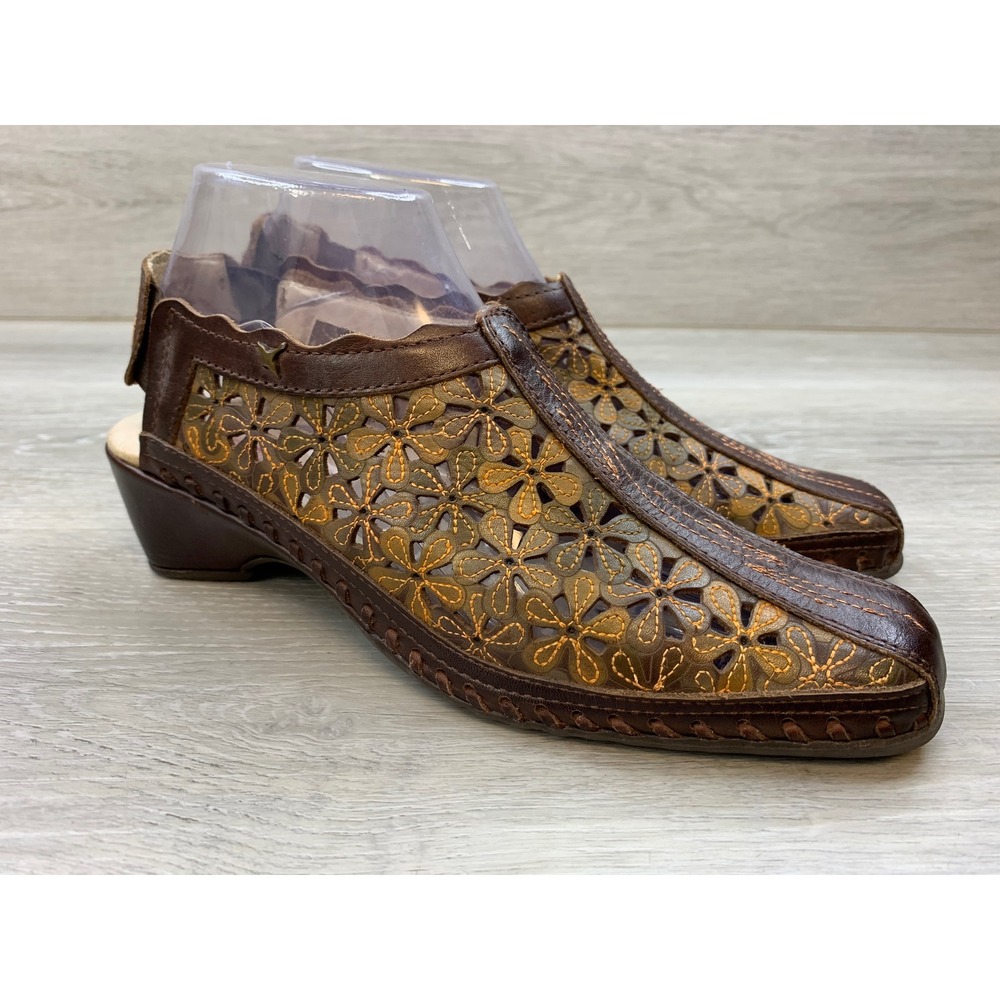 Pikolinos Women's Brown Leather Floral Laser Cut Slingback Wedge Heels Shoes 8
